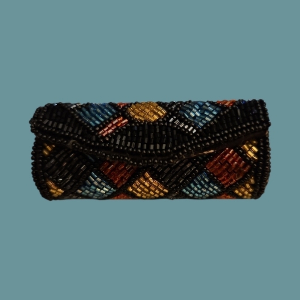 Vintage Colorful Rainbow Glass Beaded Hard Shell Lipstick Case